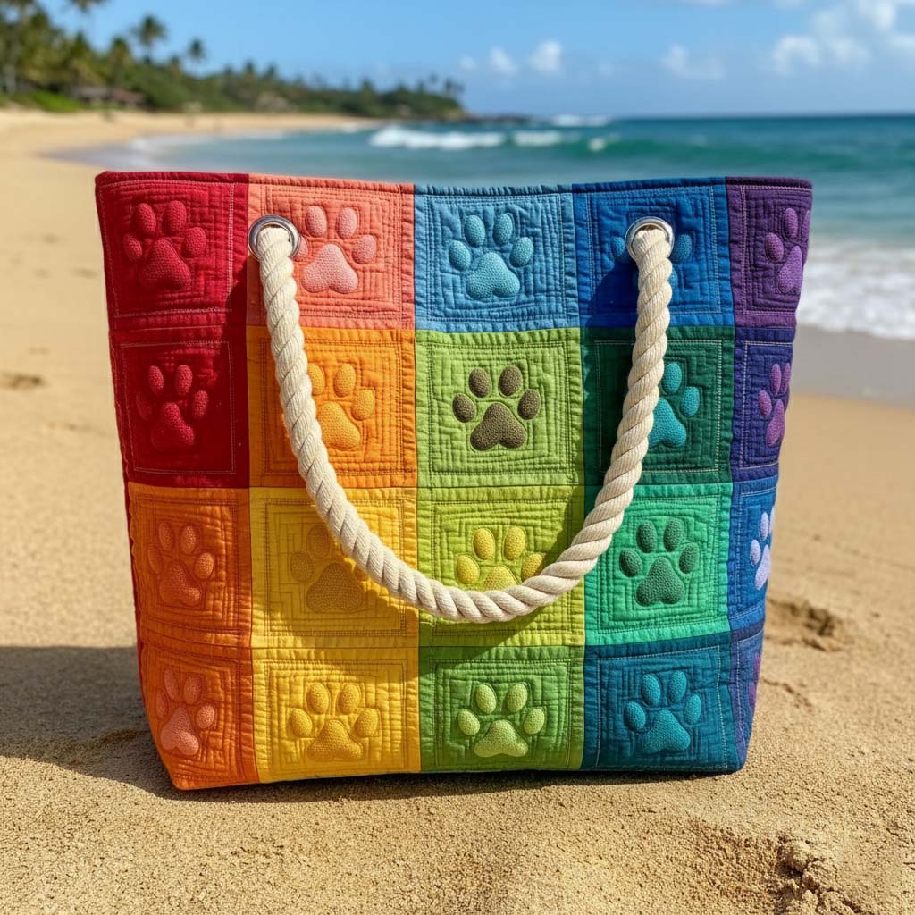 Sandra | Gesteppet Strandtaske med Motiv af Poteaftryk i Regenbogenfarver