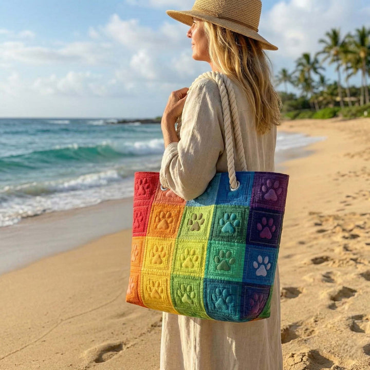 Sandra | Gesteppet Strandtaske med Motiv af Poteaftryk i Regenbogenfarver