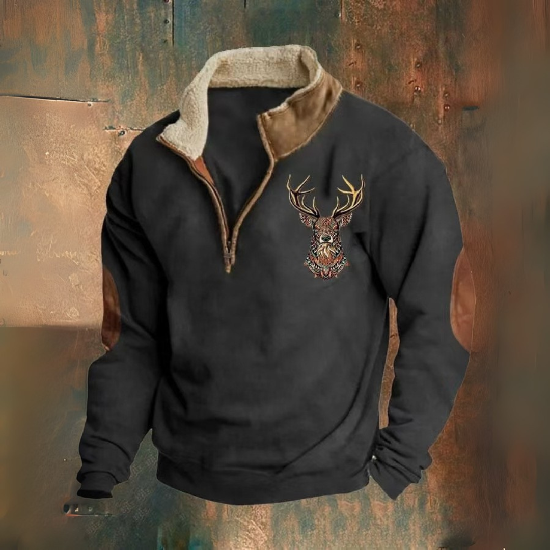 Laurence | Halv-zip sweatshirt med brunt hjorte-motiv