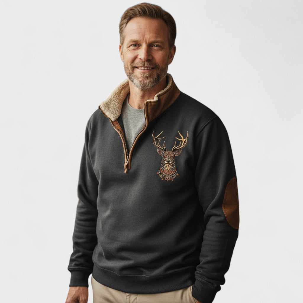 Laurence | Halv-zip sweatshirt med brunt hjorte-motiv
