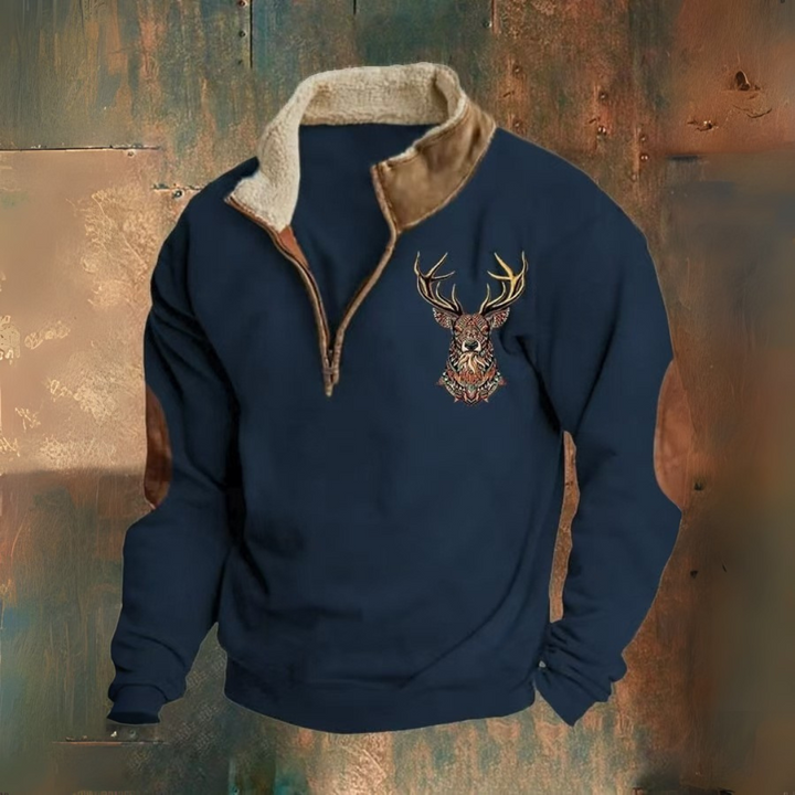 Laurence | Halv-zip sweatshirt med brunt hjorte-motiv