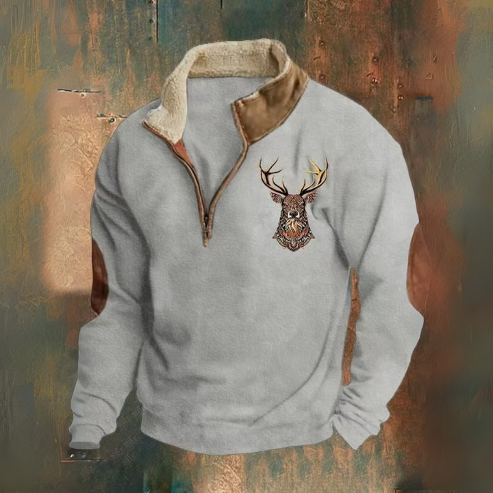 Laurence | Halv-zip sweatshirt med brunt hjorte-motiv
