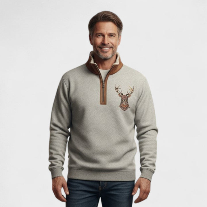 Laurence | Halv-zip sweatshirt med brunt hjorte-motiv