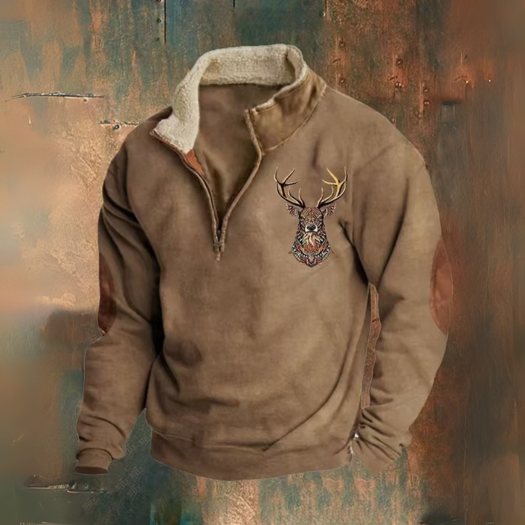 Laurence | Halv-zip sweatshirt med brunt hjorte-motiv