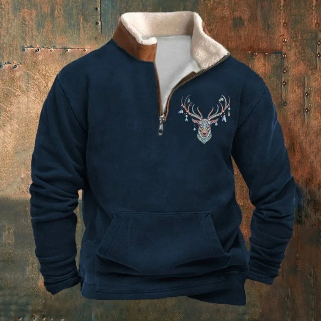 Peter | Olivenfarvet hjorte-motiv halv-zip sweatshirt