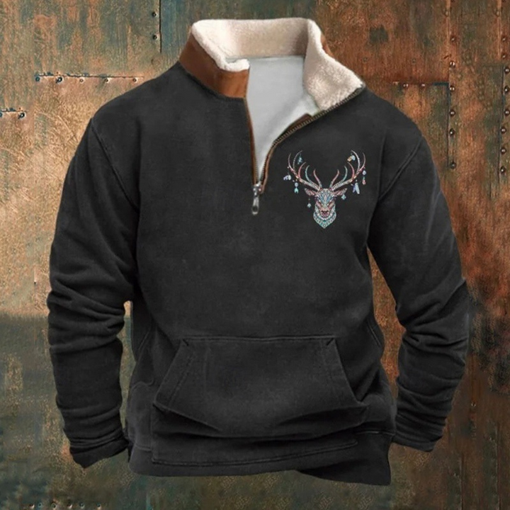 Peter | Olivenfarvet hjorte-motiv halv-zip sweatshirt