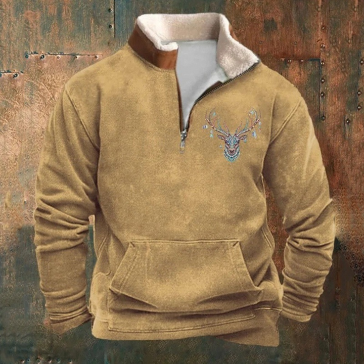 Peter | Olivenfarvet hjorte-motiv halv-zip sweatshirt