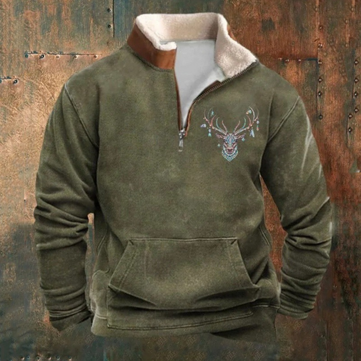 Peter | Olivenfarvet hjorte-motiv halv-zip sweatshirt
