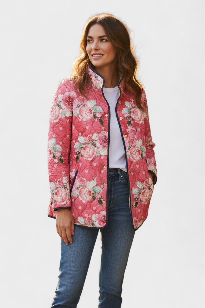 Roswitha | Rosa farvet quiltet jakke med blomsterprint