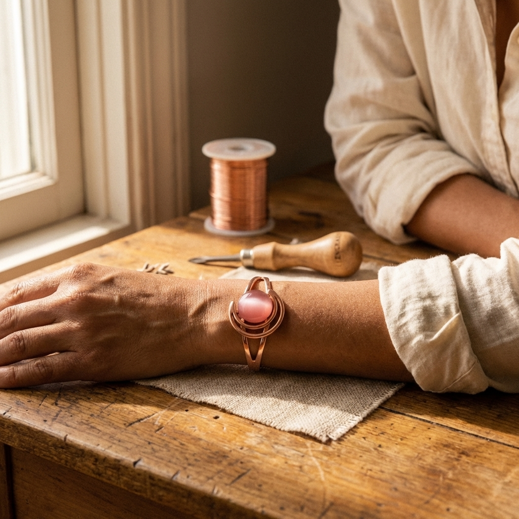 Kobberarmbånd med rosa sten